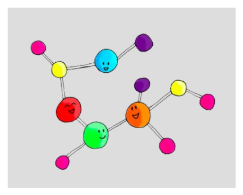 Cartoon depiction of a chemical molecule with anthropomorphic smiling faces on several atoms