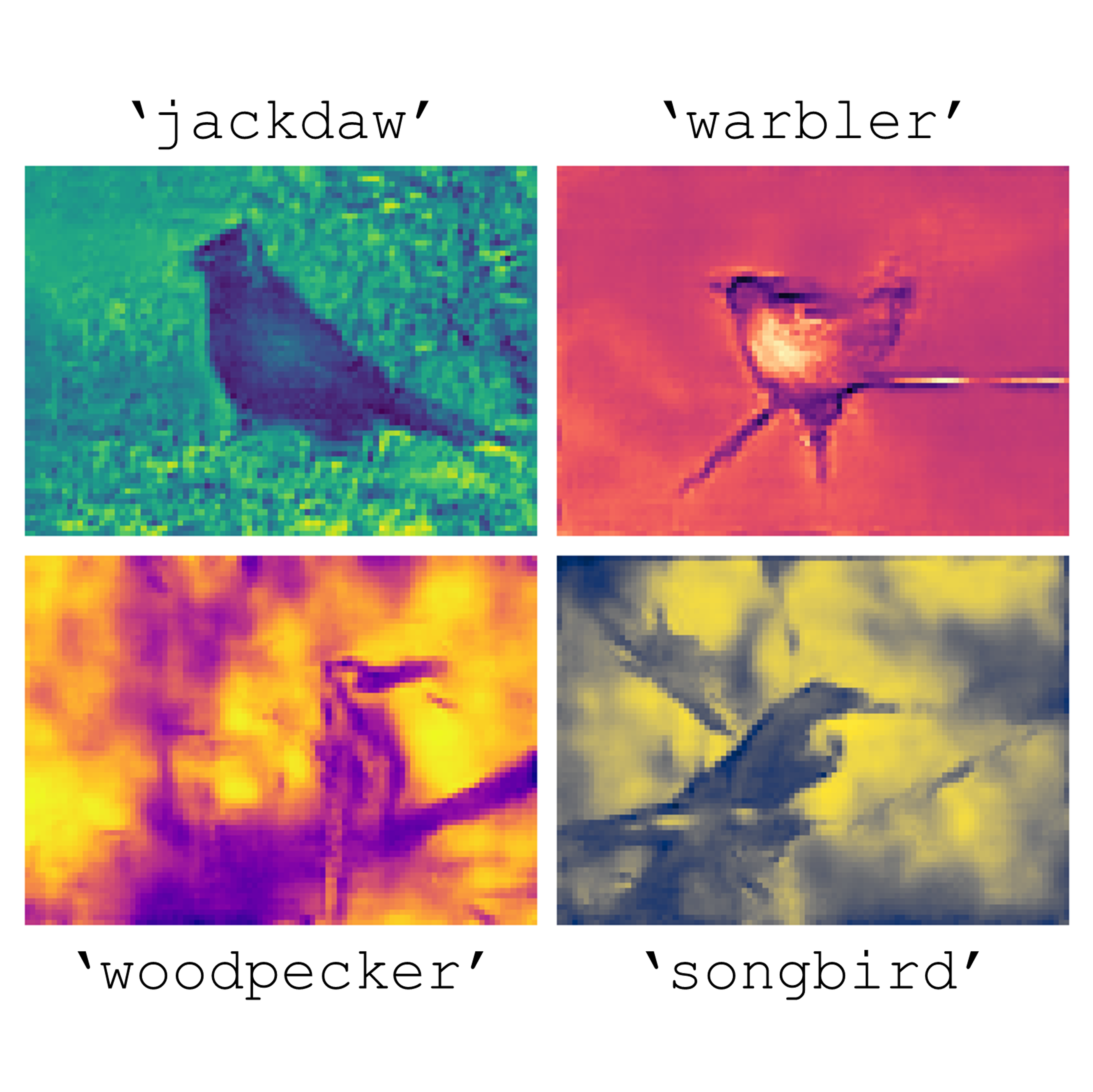 Four AI-generated images of birds